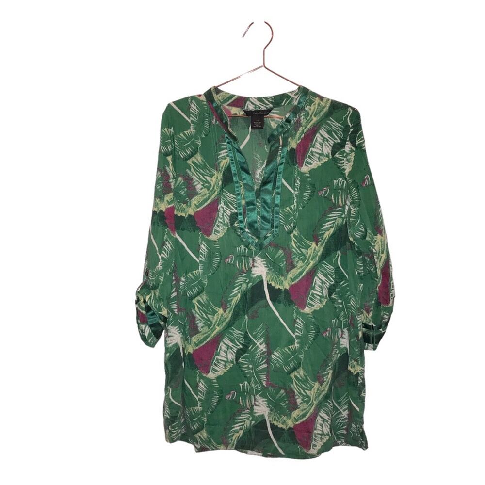 Calvin Klein size medium green and purple abstract foliage print tunic